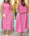 Turn-down Collar Button Front Sleeveless Shirt Dress Casual Tied Detail Maxi Dress pink