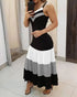Spaghetti Strap Colorblock Ruched Ruffles Maxi Dress blackwhite