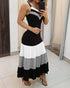 Spaghetti Strap Colorblock Ruched Ruffles Maxi Dress blackwhite