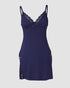 Ribbed V-Neck Spaghetti Strap Contrast Lace Bowknot Decor Mini Sleepdress Slit Nightgown purplish blue