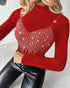 Metal Ring Decor Round Neck Hollow-out Long Sleeve Top Slim Fit Stretchy Layering Top with Thumb Hole Cuffs red