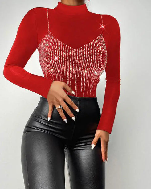 Rhinestone Decor Sweetheart Neck Long Sleeve Slim Fit Tee Bowknot Decor Casual Top with Thumb Hole Cuffs red
