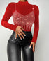 Metal Ring Decor Round Neck Hollow-out Long Sleeve Top Slim Fit Stretchy Layering Top with Thumb Hole Cuffs red