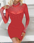 Rhinestone Sheer Mesh Patchwork Bodycon Dress red
