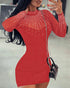 Rhinestone Sheer Mesh Patchwork Bodycon Dress red