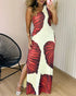 Tropical Print One Shoulder Bodycon Slit Dress Sexy Slim Fit Maxi Dress red