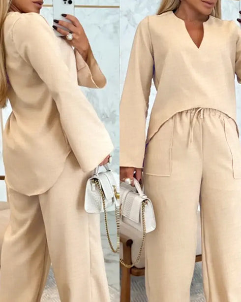 2 Piece Notch Neck Long Sleeve Asymmetrical Hem Tops Stretchy Waist Straight Leg Pants Lounge Sets Tracksuit Apricot