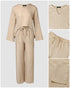 2 Piece Notch Neck Long Sleeve Asymmetrical Hem Tops Stretchy Waist Straight Leg Pants Lounge Sets Tracksuit Apricot