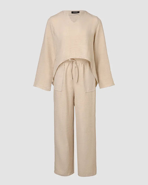 2 Piece Notch Neck Long Sleeve Asymmetrical Hem Tops Stretchy Waist Straight Leg Pants Lounge Sets Tracksuit Apricot