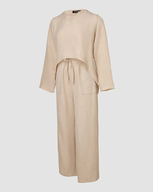 2 Piece Notch Neck Long Sleeve Asymmetrical Hem Tops Stretchy Waist Straight Leg Pants Lounge Sets Tracksuit Apricot