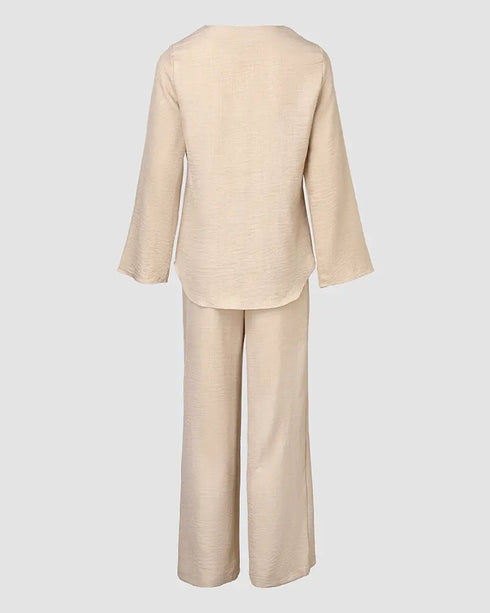 2 Piece Notch Neck Long Sleeve Asymmetrical Hem Tops Stretchy Waist Straight Leg Pants Lounge Sets Tracksuit Apricot