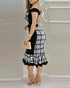 Houndstooth Print Off Shoulder Bodycon Dress Ruffle Hem Vintage Mid-length Dress blackwhite