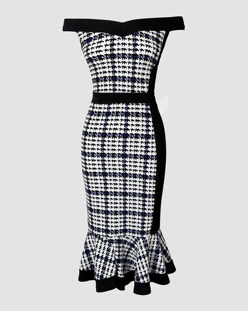 Houndstooth Print Off Shoulder Bodycon Dress Ruffle Hem Vintage Mid-length Dress blackwhite