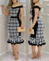 Houndstooth Print Off Shoulder Bodycon Dress Ruffle Hem Vintage Mid-length Dress blackwhite