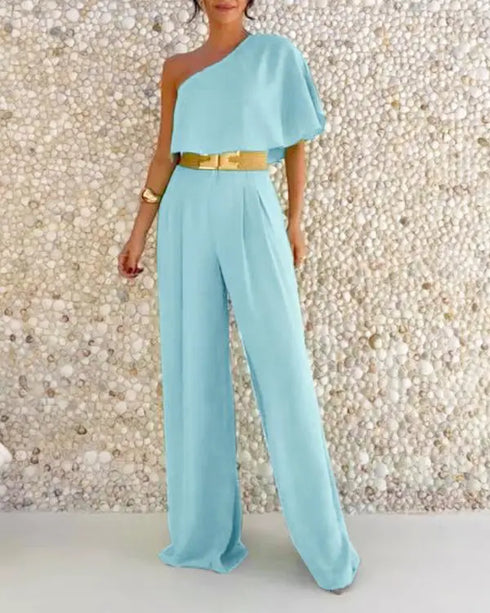 One Shoulder Ruffles Jumpsuit with Mental Belt green