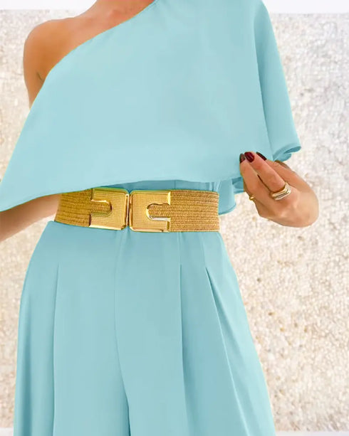 One Shoulder Ruffles Jumpsuit with Mental Belt green