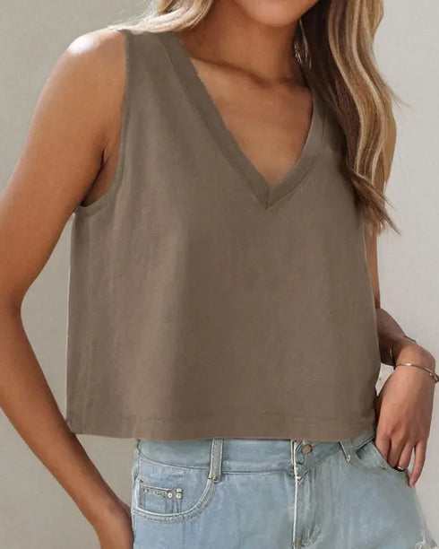 V-Neck Casual Sleeveless Top khaki