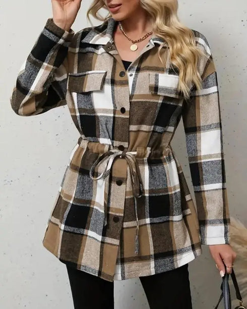 Plaid Pattern Flap Detail Drawstring Waist Button Front Coat khaki