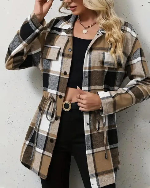Plaid Pattern Flap Detail Drawstring Waist Button Front Coat khaki