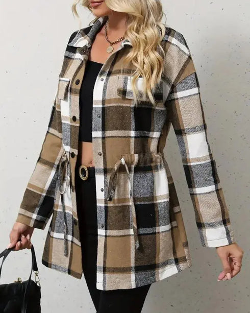 Plaid Pattern Flap Detail Drawstring Waist Button Front Coat khaki