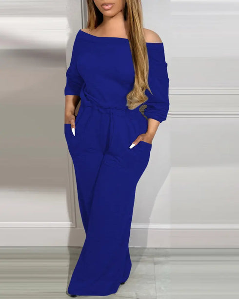Off Shoulder V-Back Elastic Waist Pockets Design Jumpsuit Casual Drop Shoulder Cinched Waist Wide Leg Jumpsuit blue