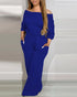 Drop Shoulder Long Sleeve Contrast Lace Backless Overalls Casual Elastic Waist Wide Leg Jumpsuit blue