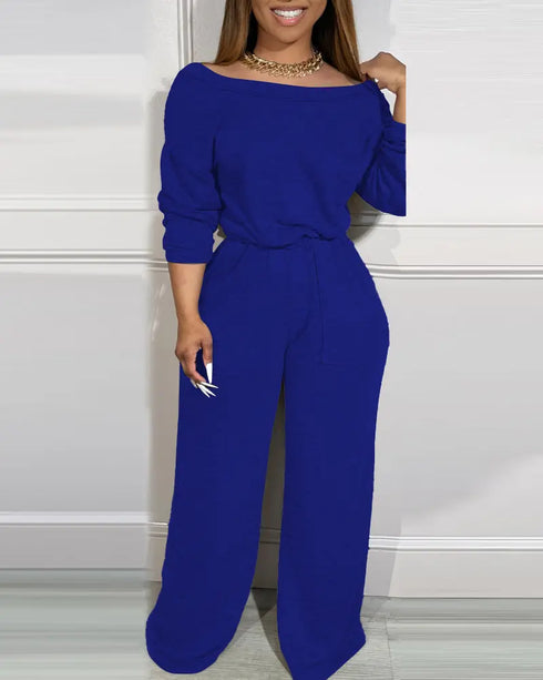 Drop Shoulder Long Sleeve Contrast Lace Backless Overalls Casual Elastic Waist Wide Leg Jumpsuit blue
