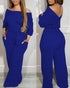 Drop Shoulder Long Sleeve Contrast Lace Backless Overalls Casual Elastic Waist Wide Leg Jumpsuit blue