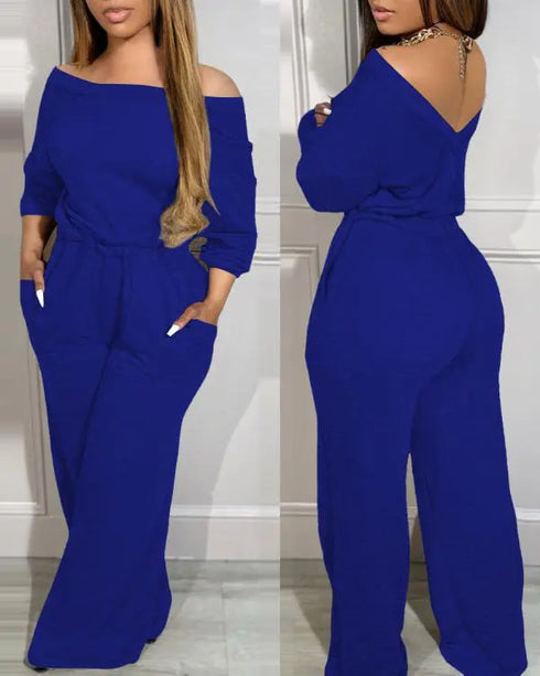 Off Shoulder V-Back Elastic Waist Pockets Design Jumpsuit Casual Drop Shoulder Cinched Waist Wide Leg Jumpsuit blue