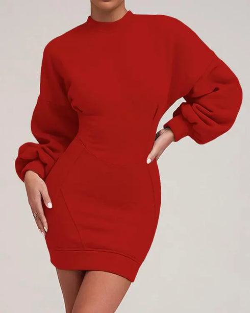 Lantern Sleeve Bodycon Pullover Sweatshirt Dress Crew Neck Mini Dress red