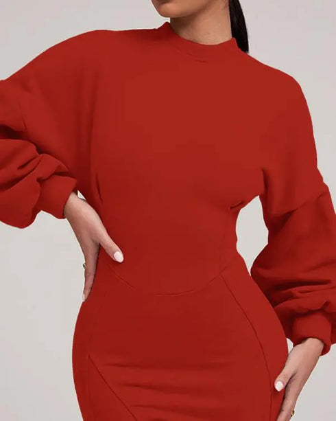 Lantern Sleeve Bodycon Pullover Sweatshirt Dress Crew Neck Mini Dress red