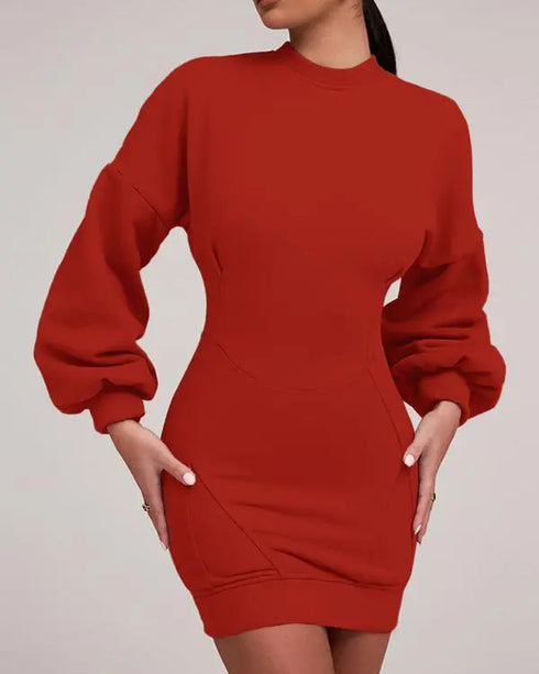 Lantern Sleeve Bodycon Pullover Sweatshirt Dress Crew Neck Mini Dress red