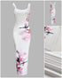 Floral Print U-Neck Spaghetti Strap Side Slit Vacation Dress Slim Fit Ribbed Cami Dress white