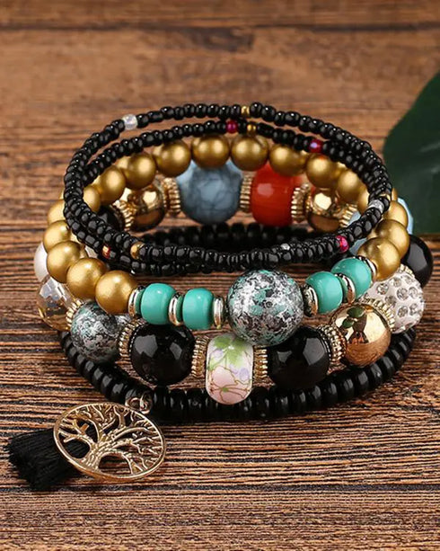 1pc Bohemian Beaded Hollow Out Geometric Tassel Multi-layer Bracelet black