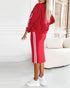3 Pieces Outfit Sporty Striped Long Sleeve Baseball Coat and Ribbed Knit Tank with Slim Fit Slit Skirt Set red