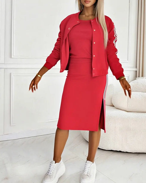 3 Pieces Outfit Snap Buttons Front Coat and Elastic Waist Seam Front Stretchy Cuffs Pants Set with Tank Top Casual Contrast Side Striped Tracksuit red