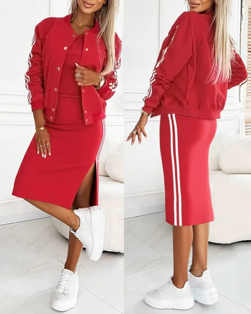 3 Pieces Outfit Snap Buttons Front Coat and Elastic Waist Seam Front Stretchy Cuffs Pants Set with Tank Top Casual Contrast Side Striped Tracksuit red