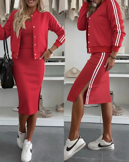 3 Pieces Outfit Snap Buttons Front Coat and Elastic Waist Seam Front Stretchy Cuffs Pants Set with Tank Top Casual Contrast Side Striped Tracksuit red