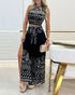 2 Pieces Outfits Tribal Print Keyhole Neck Sleeveless Top and Wide Leg Tied Detail Slit Pants Sets black