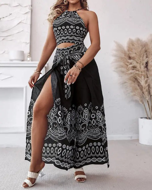 2 Pieces Outfits Tribal Print Keyhole Neck Sleeveless Top and Wide Leg Tied Detail Slit Pants Sets black