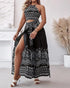 2 Pieces Outfits Tribal Print Keyhole Neck Sleeveless Top and Wide Leg Tied Detail Slit Pants Sets black