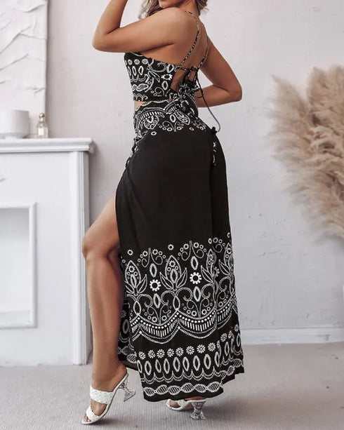 2 Pieces Outfits Tribal Print Keyhole Neck Sleeveless Top and Wide Leg Tied Detail Slit Pants Sets black