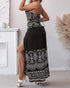 2 Pieces Outfits Tribal Print Keyhole Neck Sleeveless Top and Wide Leg Tied Detail Slit Pants Sets black