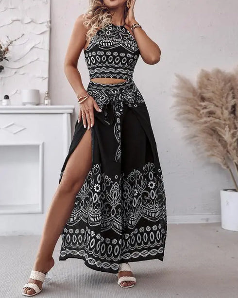 2 Pieces Outfits Tribal Print Keyhole Neck Sleeveless Top and Wide Leg Tied Detail Slit Pants Sets black