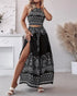 2 Pieces Outfits Tribal Print Keyhole Neck Sleeveless Top and Wide Leg Tied Detail Slit Pants Sets black