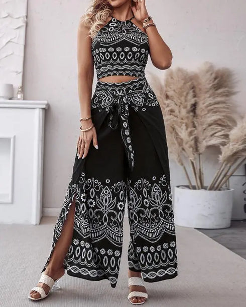 2 Pieces Outfits Tribal Print Keyhole Neck Sleeveless Top and Wide Leg Tied Detail Slit Pants Sets black