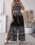 2 Pieces Outfits Tribal Print Keyhole Neck Sleeveless Top and Wide Leg Tied Detail Slit Pants Sets black