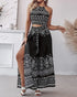 2 Pieces Outfits Tribal Print Keyhole Neck Sleeveless Top and Wide Leg Tied Detail Slit Pants Sets black
