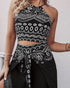 2 Pieces Outfits Tribal Print Keyhole Neck Sleeveless Top and Wide Leg Tied Detail Slit Pants Sets black