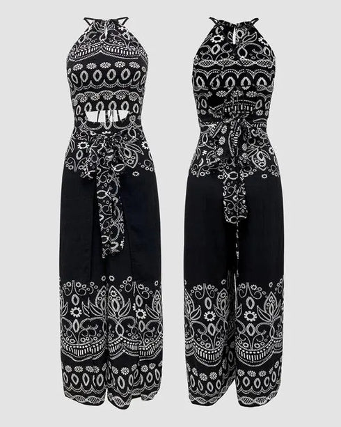 2 Pieces Outfits Tribal Print Keyhole Neck Sleeveless Top and Wide Leg Tied Detail Slit Pants Sets black